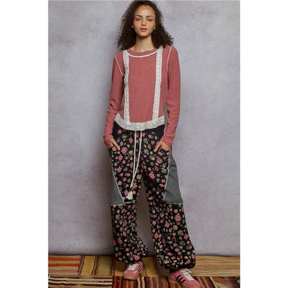 POL Contrast Round Neck Long Sleeve Ribbed Top with Eyelet Patch - Picture 5 of 5